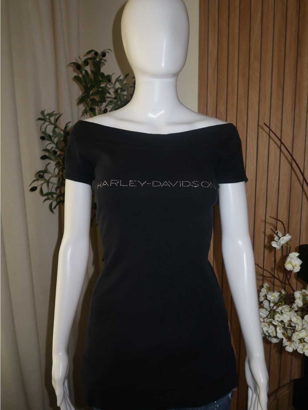 Harley-Davidson Black Women's Off-Shoulder Top with Rhinestone Logo